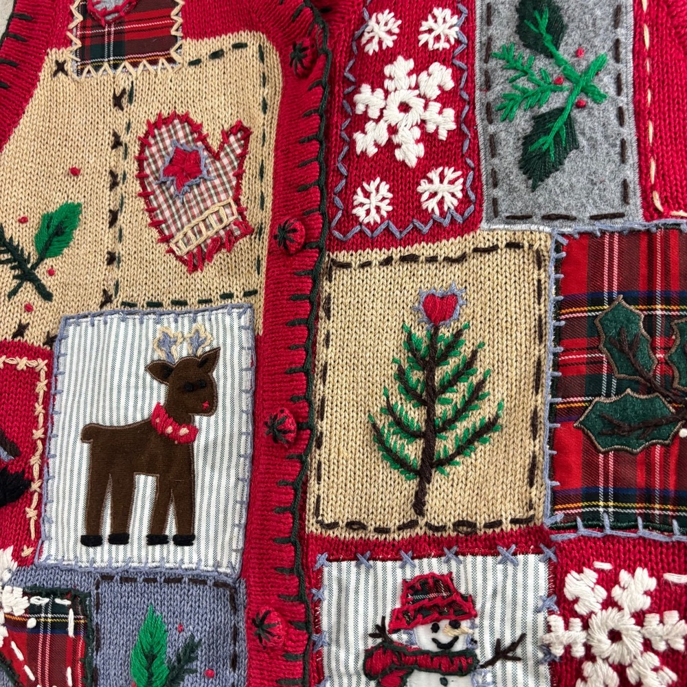Victoria Jones Vintage 90s Ugly Christmas Sweater Vest Red Patchwork Petite L - Picture 2 of 6